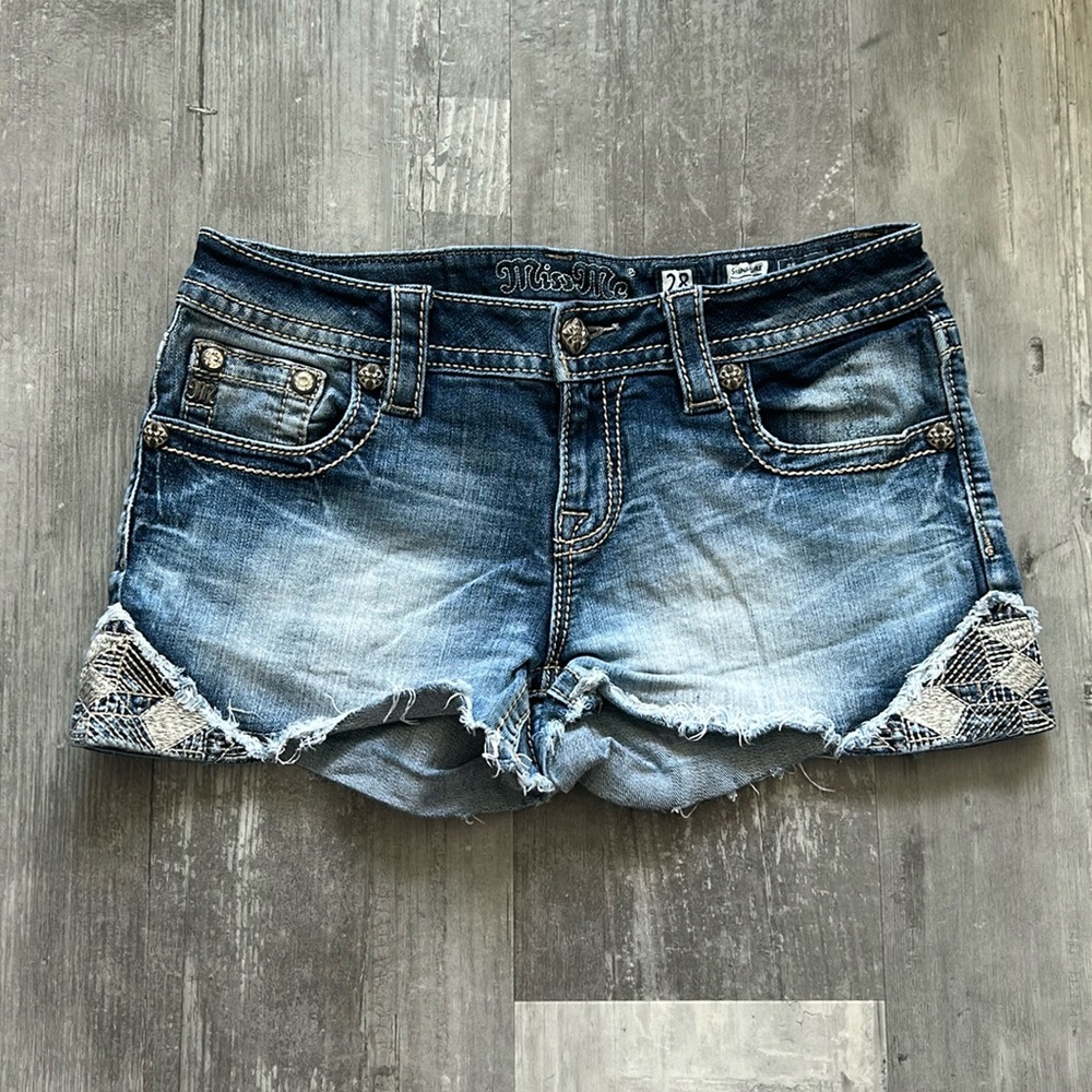 Miss Me Blue Denim Distressed Shorts with Snake Print Trim